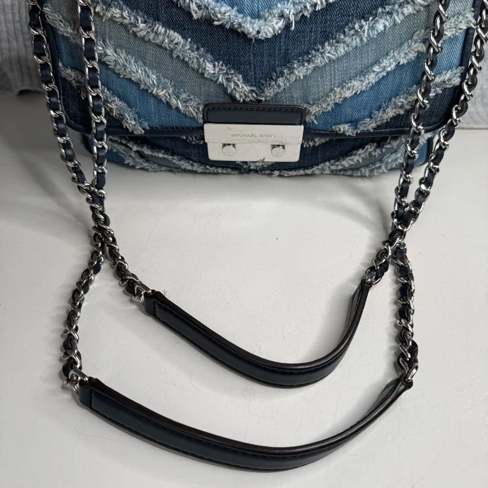 Michael Kors Sloan Large Denim Patchwork Frayed Chevron Shoulder Bag Blue Silver - Picture 9 of 15
